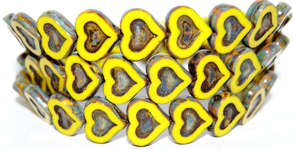 Table Cut Heart Beads With Heart, Yellow Travertin (83120 86800), Glass, Czech Republic