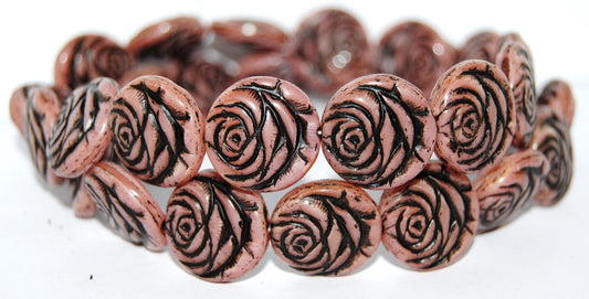 Round Flat Rose Flower Pressed Glass Beads, Opaque Pink 23202 (74000 23202), Glass, Czech Republic