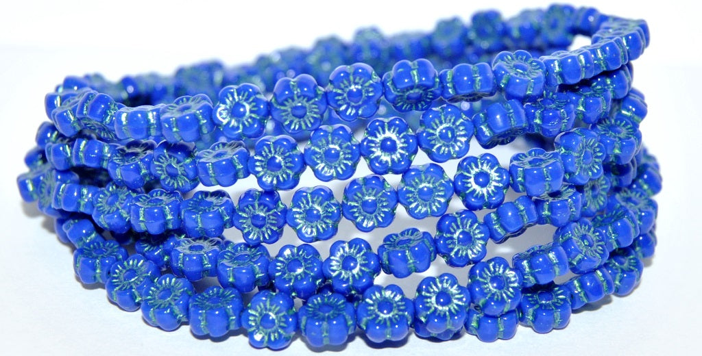 Hawaii Flower Pressed Glass Beads, Rich Blue 43813 Metalic (33060 43813 Metalic), Glass, Czech Republic