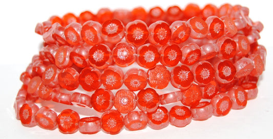 Table Cut Round Beads Hawaii Flowers, Transparent Orange Luster Cream (90030 14401), Glass, Czech Republic