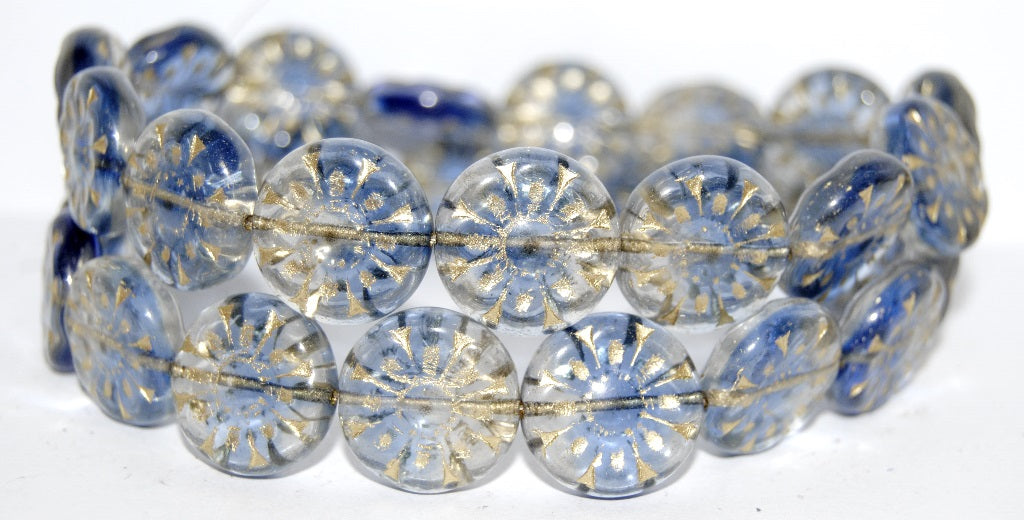 Flat Round With Flower Pressed Glass Beads, (37008 54202), Glass, Czech Republic