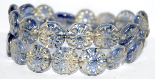 Flat Round With Flower Pressed Glass Beads, (37008 54202), Glass, Czech Republic