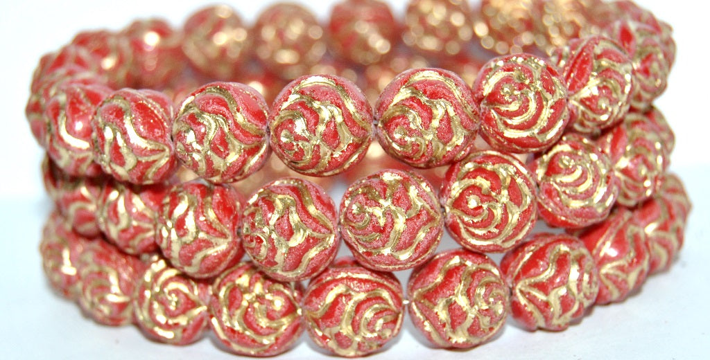 Round Rose Pressed Glass Beads, Opaque Red 54202 Antiq (93200 54202 Antiq), Glass, Czech Republic