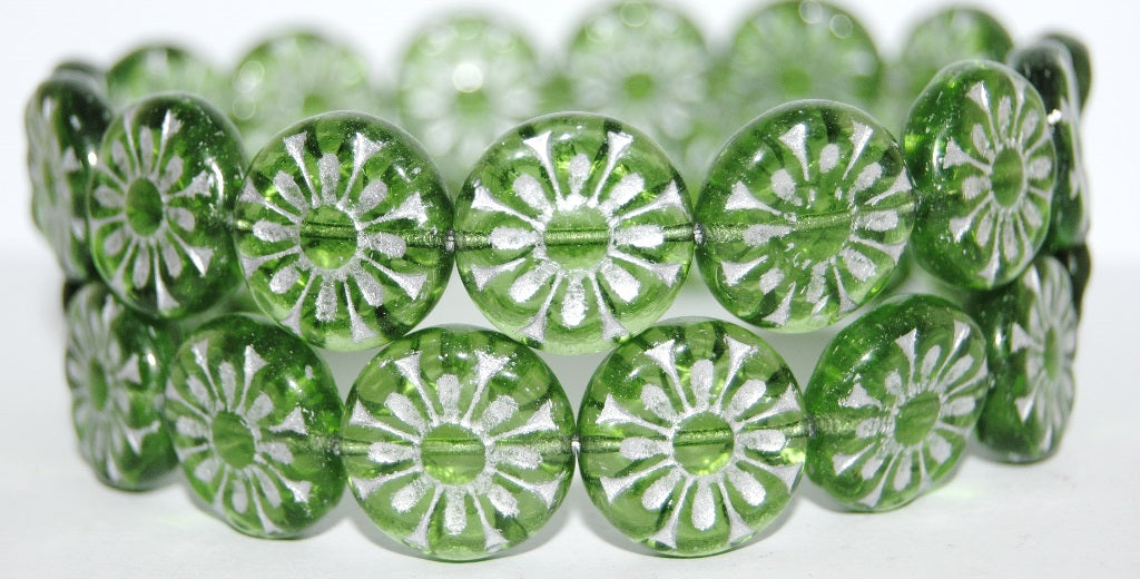 Flat Round With Flower Pressed Glass Beads, Transparent Green 54201 (50130 54201), Glass, Czech Republic