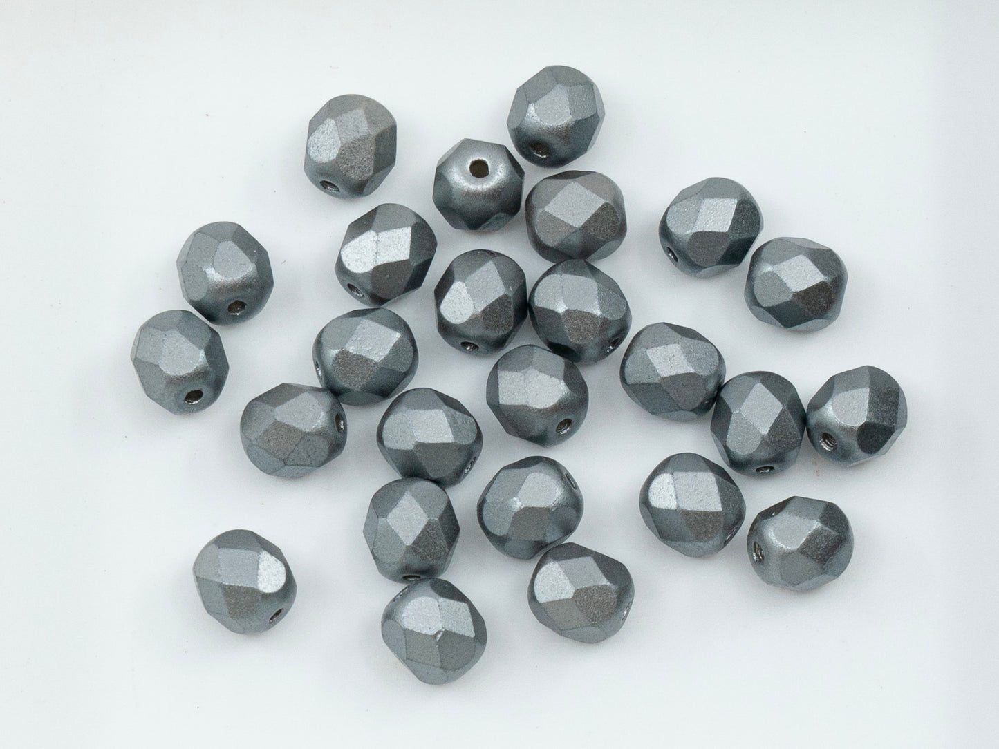 Facted Fire Polish Round Beads Pastel Silver Gray (25028), Glass, Czech Republic