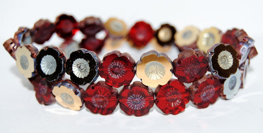 Table Cut Round Beads Hawaii Flowers, Ruby Red 27101 (90080 27101), Glass, Czech Republic