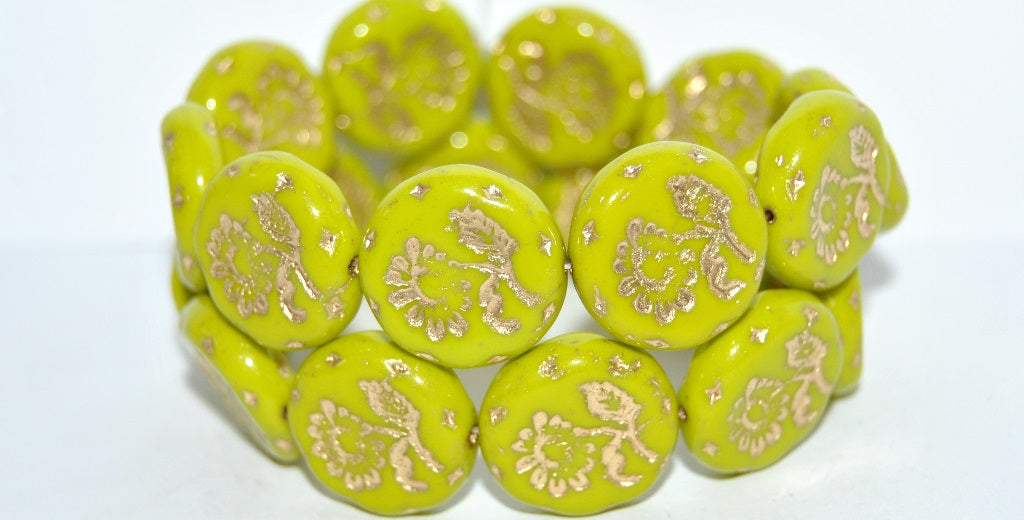 Round Flat With Flower Marguerite Pressed Glass Beads, Opaque Green 54202 (53400 54202), Glass, Czech Republic