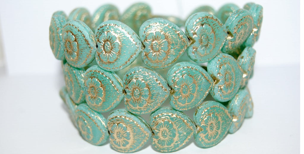 Heart With Flower Pressed Glass Beads, Opal Aqua 54202 Antiq (61100 54202 Antiq), Glass, Czech Republic