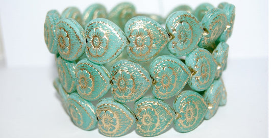 Heart With Flower Pressed Glass Beads, Opal Aqua 54202 Antiq (61100 54202 Antiq), Glass, Czech Republic