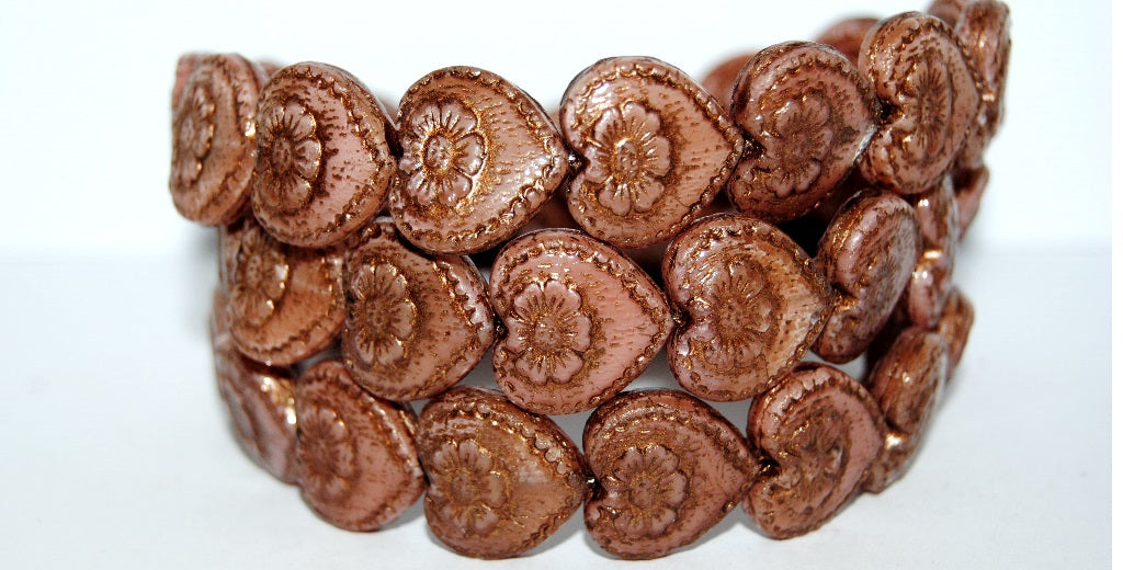 Heart With Flower Pressed Glass Beads, Opaque Pink 46415 (74020 46415), Glass, Czech Republic