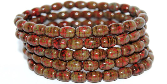 Olive Oval Pressed Glass Beads, Red Travertin (93190 86800), Glass, Czech Republic