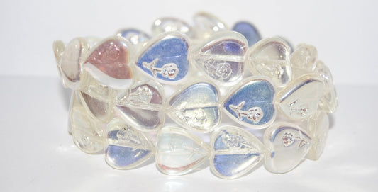 Heart Pressed Glass Beads With Flower, Transparent Yellow Ab (80100 Ab), Glass, Czech Republic