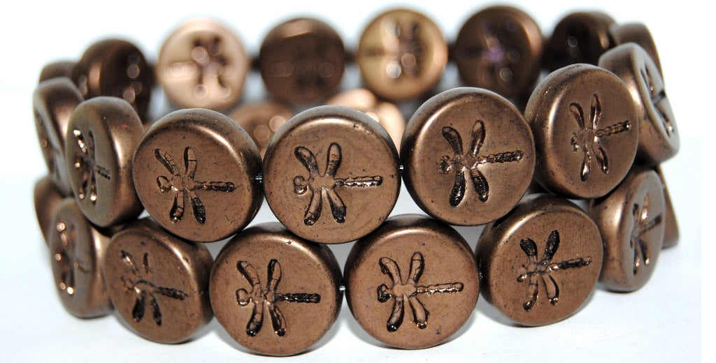 Round Flat Wit Dragonfly Pressed Glass Beads, Black Bronze Matte (23980 14415M), Glass, Czech Republic