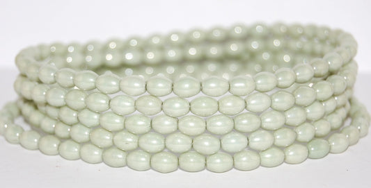 Olive Oval Pressed Glass Beads, Luster Green Full Coated (14457), Glass, Czech Republic