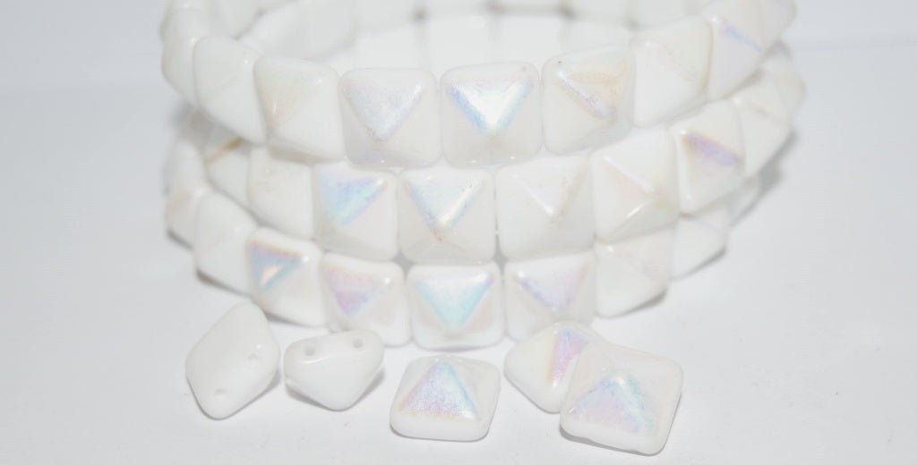 Pressed Glass Beads 2-Hole Square Pyramid, White Ab (2010 Ab), Glass, Czech Republic