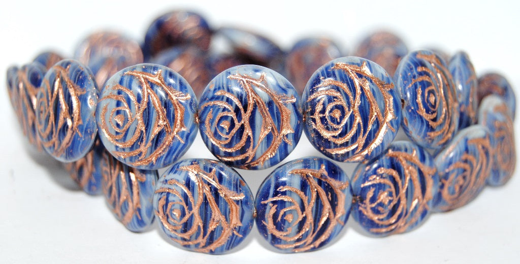 Round Flat Rose Flower Pressed Glass Beads, Opaque White Blue Striped 54200 (35000 54200), Glass, Czech Republic