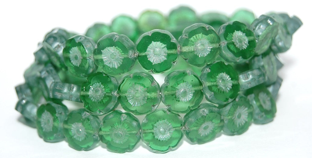 Table Cut Round Beads Hawaii Flowers, Transparent Green Luster Cream (50020 14401), Glass, Czech Republic