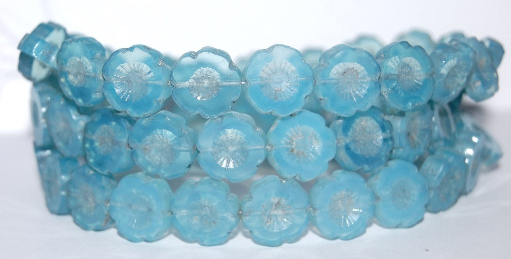 Table Cut Round Beads Hawaii Flowers, Opal Aqua Hematite (61000 14400), Glass, Czech Republic