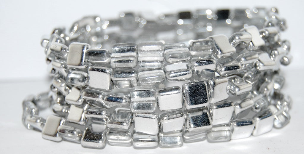 Flat Square Pressed Glass Beads, Crystal Crystal Silver Half Coating (30 27001), Glass, Czech Republic