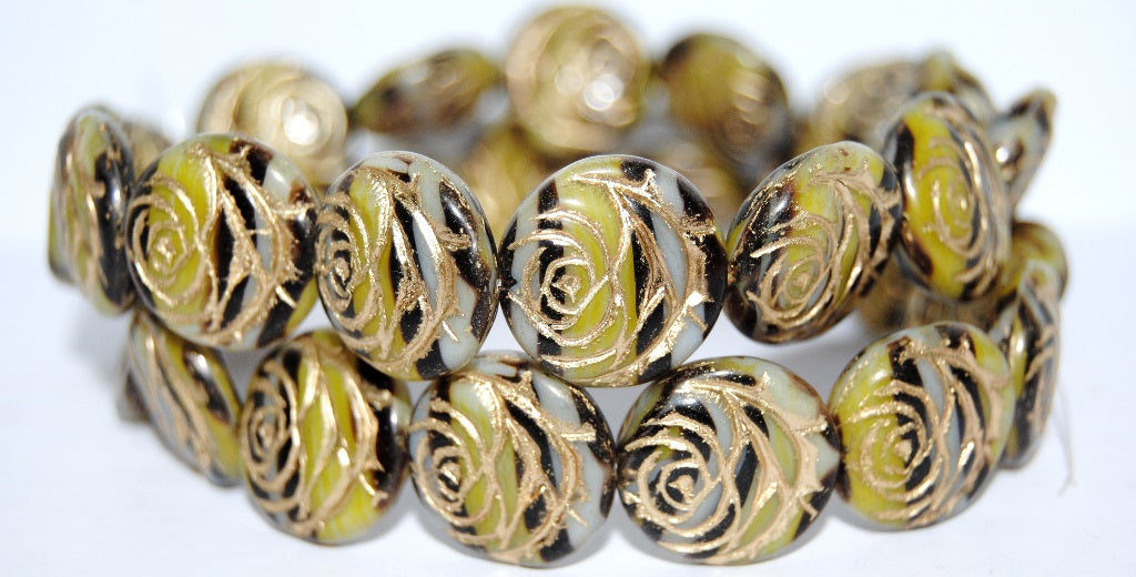 Round Flat Rose Flower Pressed Glass Beads, (85012 54202), Glass, Czech Republic