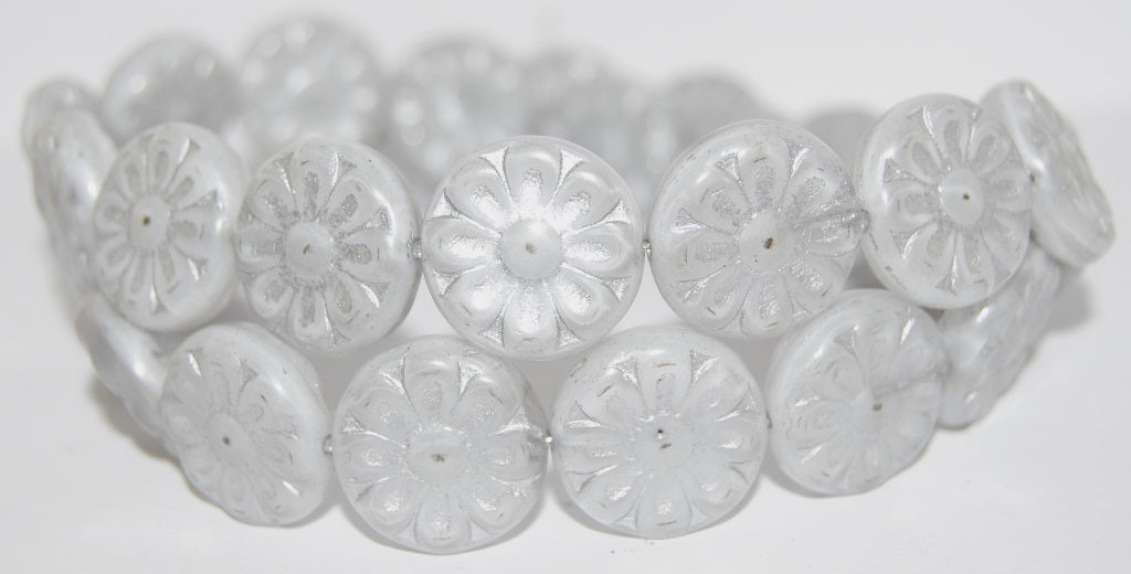 Flat Round With Flower Pressed Glass Beads, White 54201 (2010 54201), Glass, Czech Republic