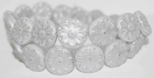 Flat Round With Flower Pressed Glass Beads, White 54201 (2010 54201), Glass, Czech Republic