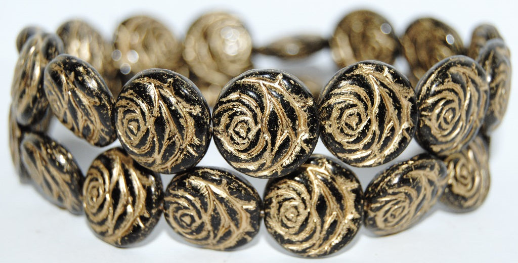 Round Flat Rose Flower Pressed Glass Beads, Black 54202 (23980 54202), Glass, Czech Republic