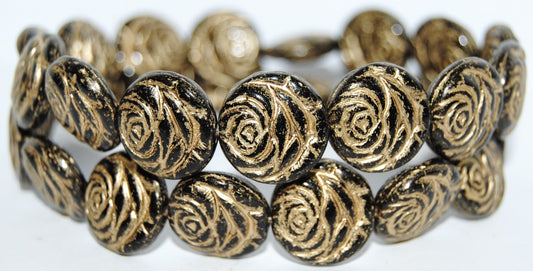 Round Flat Rose Flower Pressed Glass Beads, Black 54202 (23980 54202), Glass, Czech Republic