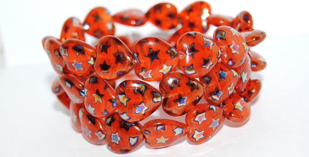Heart Pressed Glass Beads, (Orange Opal Star Rainbow 2Xside), Glass, Czech Republic