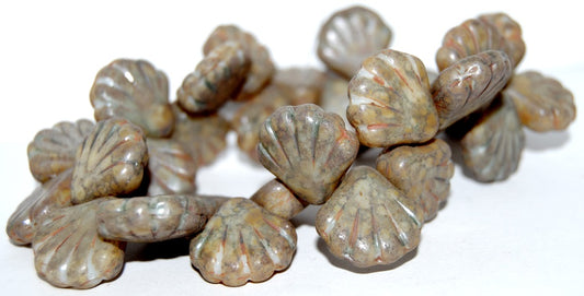 Scallop Seashell Pressed Glass Beads, Senegal Green (15657), Glass, Czech Republic