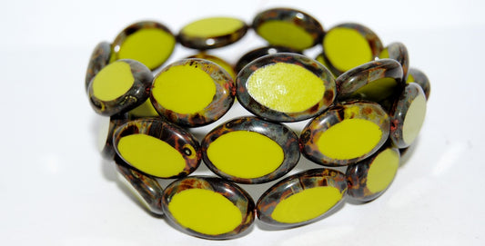 Table Cut Oval Beads Roach, Opaque Green Travertin (53400 86800), Glass, Czech Republic