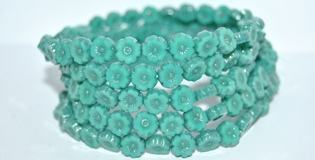 Table Cut Round Beads Hawaii Flowers, Turquise Luster Blue Full Coated (63140 14464), Glass, Czech Republic