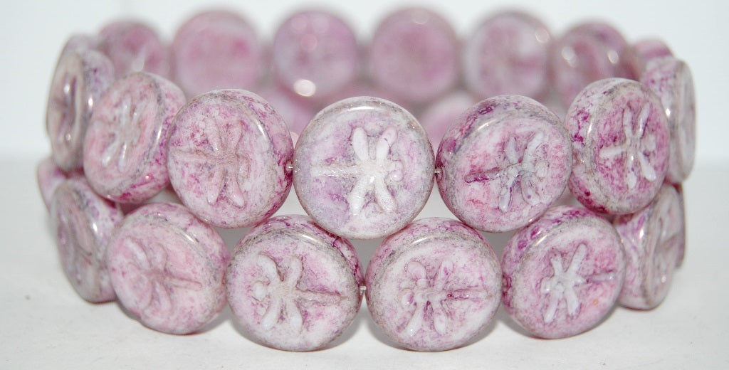 Round Flat Wit Dragonfly Pressed Glass Beads, White Luster Lila (2010 14494), Glass, Czech Republic