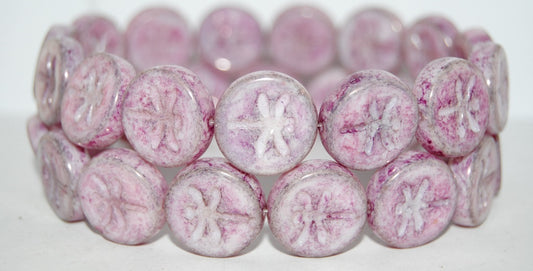 Round Flat Wit Dragonfly Pressed Glass Beads, White Luster Lila (2010 14494), Glass, Czech Republic