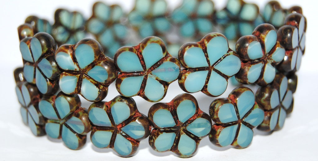 Table Cut Flower Beads, Opal Aqua Travertin (61000 86800), Glass, Czech Republic