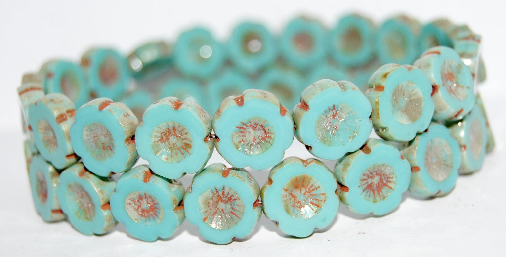 Table Cut Round Beads Hawaii Flowers, Turquoise 43400 (63130 43400), Glass, Czech Republic