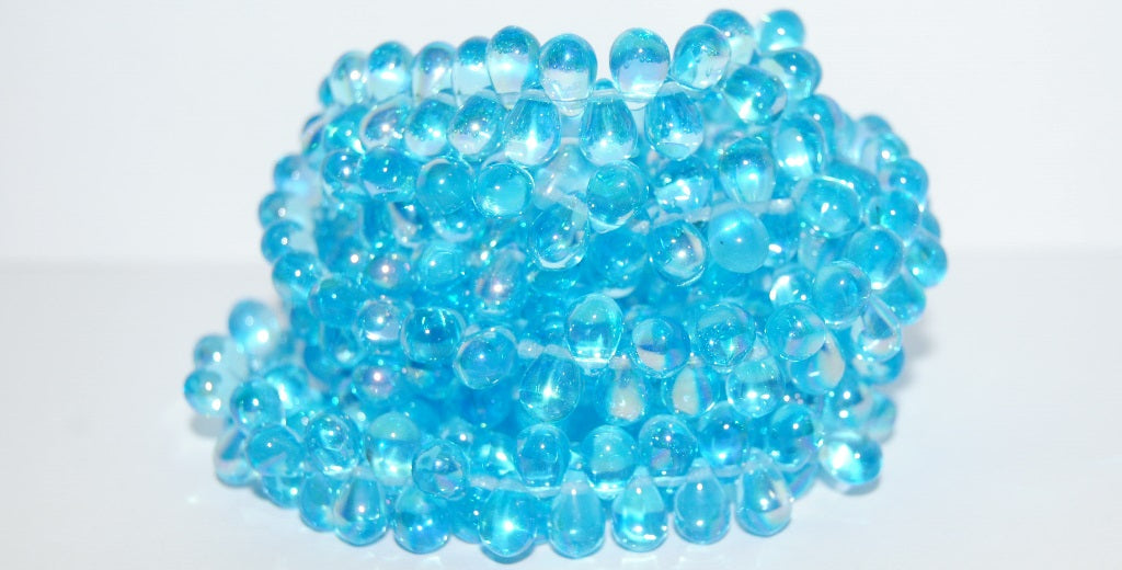 Pear Drop Pressed Glass Beads, Transparent Aqua Ab (60020 Ab), Glass, Czech Republic