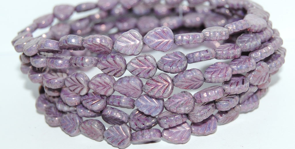 Lilac Leaf Pressed Glass Beads, Chalk White Purple (3000 15726), Glass, Czech Republic