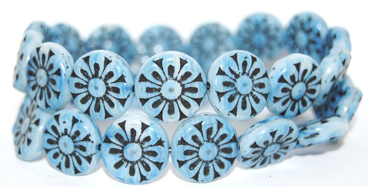 Flat Round With Flower Pressed Glass Beads, (65000 23202), Glass, Czech Republic