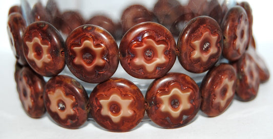 Table Cut Round Beads With Flower, 77603B Travertin (77603B 86800), Glass, Czech Republic