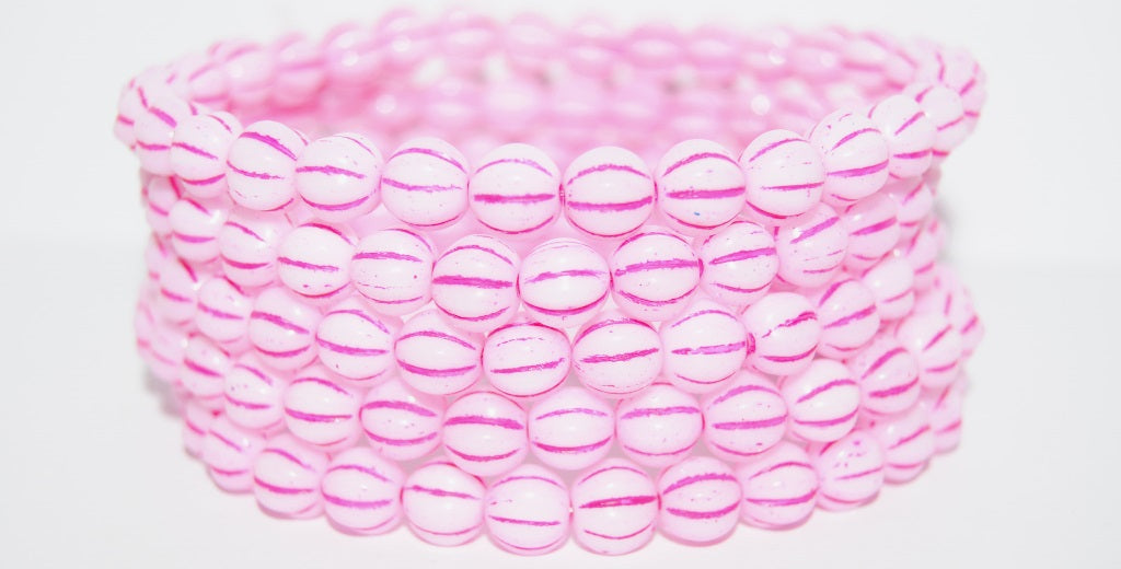 Melon Round Pressed Glass Beads With Stripes, Chalk White 44877 (3000 44877), Glass, Czech Republic