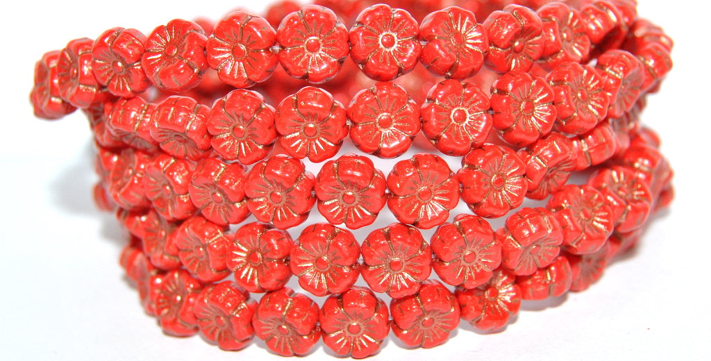 Hawaii Flower Pressed Glass Beads, Red 43805 Metalic (93190 43805 Metalic), Glass, Czech Republic