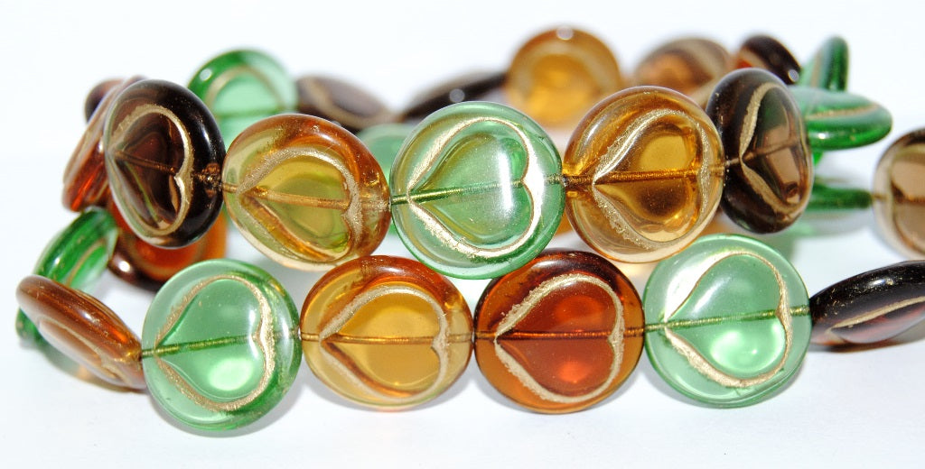 Round Flat Wit Convex Heart Pressed Glass Beads, Mixed Colors Autumn 54202 (Mix Autumn 54202), Glass, Czech Republic