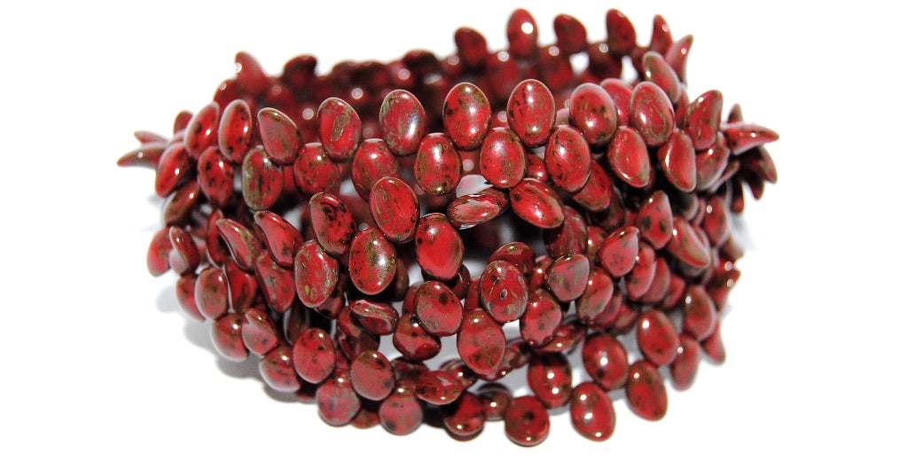 Leaf Tongue Pressed Glass Beads, Red Travertin (93190 86800), Glass, Czech Republic