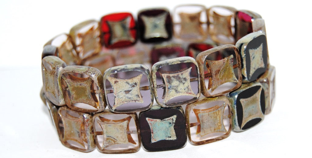 Table Cut Square Beads With Square, Mixed Colors 6 43400 (Mix 6 43400), Glass, Czech Republic