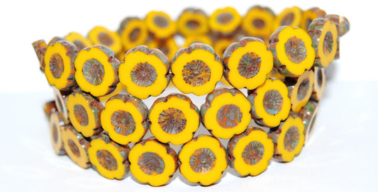 Table Cut Round Beads Hawaii Flowers, Opaque Yellow Travertin (93110 86800), Glass, Czech Republic