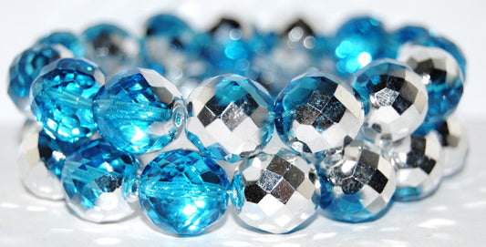 Fire Polished Round Faceted Beads, Transparent Aqua Crystal Silver Half Coating (60020 27001), Glass, Czech Republic