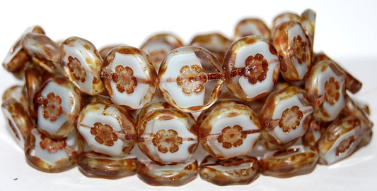 Table Cut Round Beads With Flower, 66018B Travertin (66018B 86800), Glass, Czech Republic