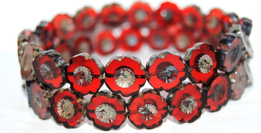 Table Cut Round Beads Hawaii Flowers, Ruby Red 43400 (90080 43400), Glass, Czech Republic