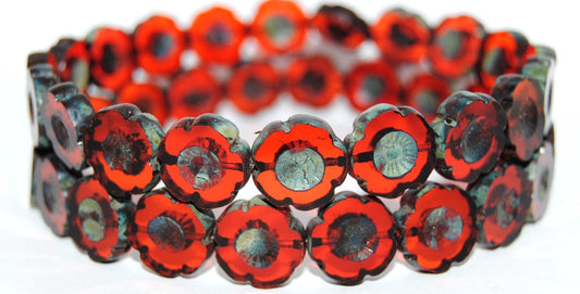 Table Cut Round Beads Hawaii Flowers, Transparent Red 86801 (90060 86801), Glass, Czech Republic